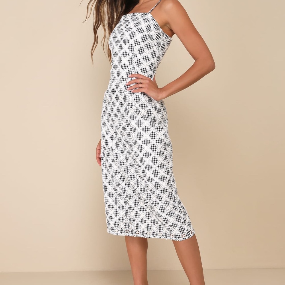 Flirty Date Black and White Gingham Eyelet Sleeveless Midi Dress